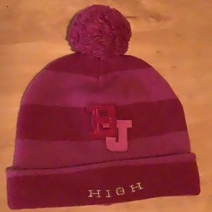 EUC Betsey Johnson Lambs wool Pink striped Pom Hat